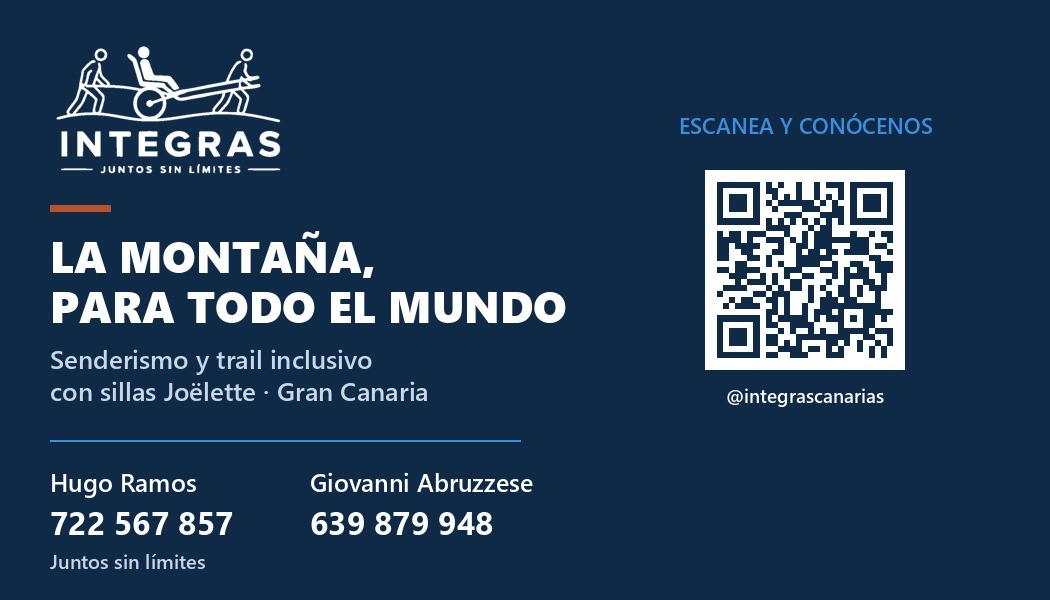 Tarjeta de Integras Canarias: la montaña, para todo el mundo. Hugo Ramos 722 567 857, Giovanni Abruzzese 639 879 948, con código QR a Instagram @integrascanarias